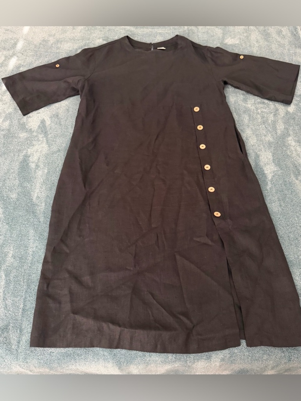 Lintico Women's 100% Linen Black Midi Dress Oversized Size M Lagenlook Pockets - Picture 2 of 8